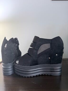 Black Suede Platform Wedge Sandals with Cutout Straps